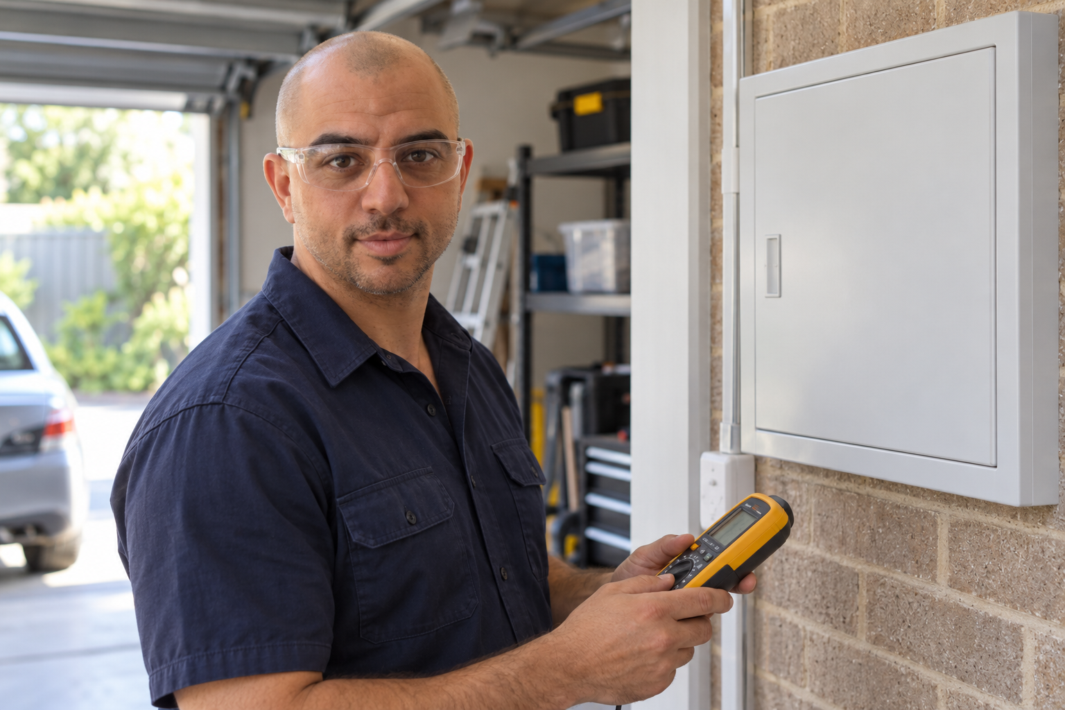 AI-created illustration of Michael in workwear beside a residential switchboard