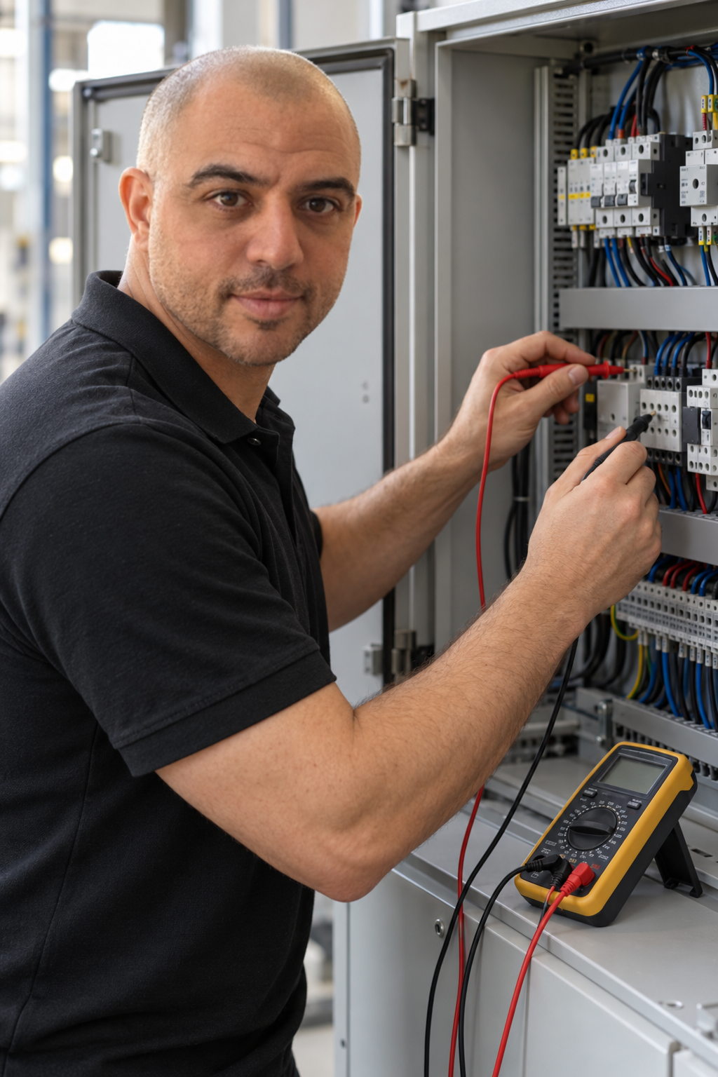 AI-created image of Michael carrying out electrical testing with a multimeter