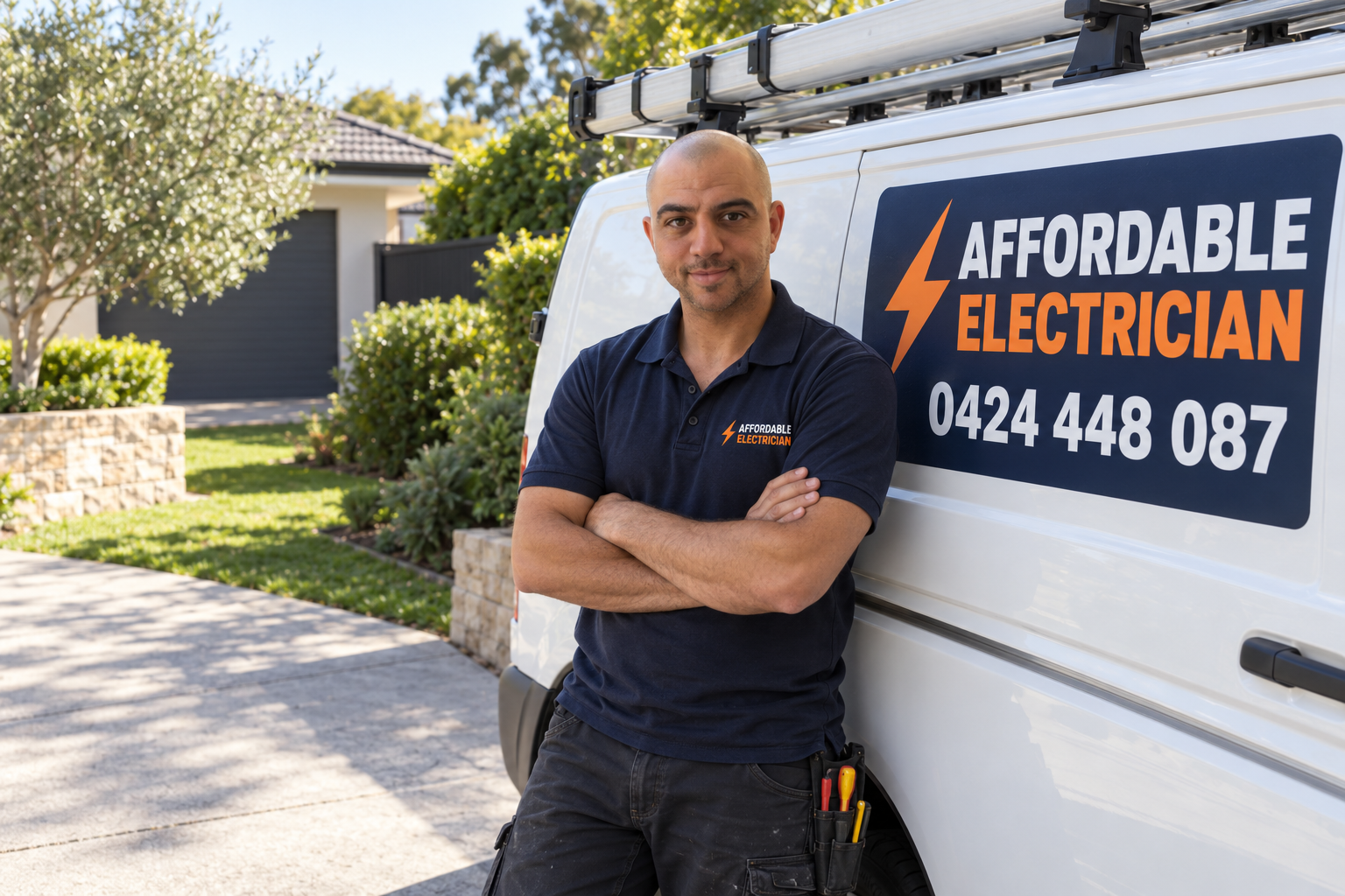 AI-created image of Michael beside an Affordable Electrician branded van